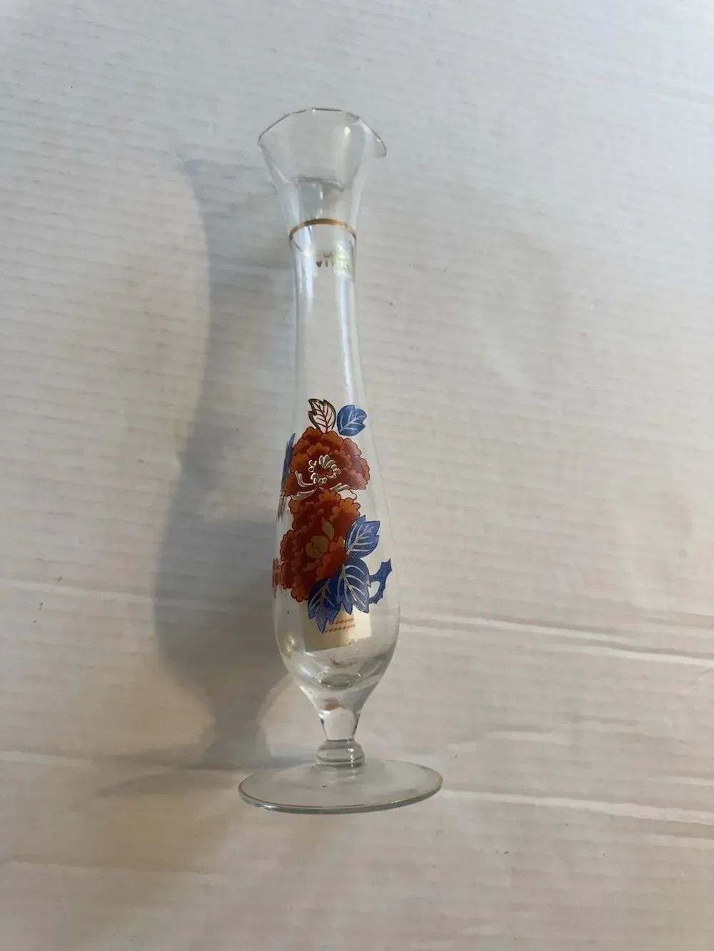 Viking Usa Vintage Glass Bud Vase With Floral Design And Gold Trim